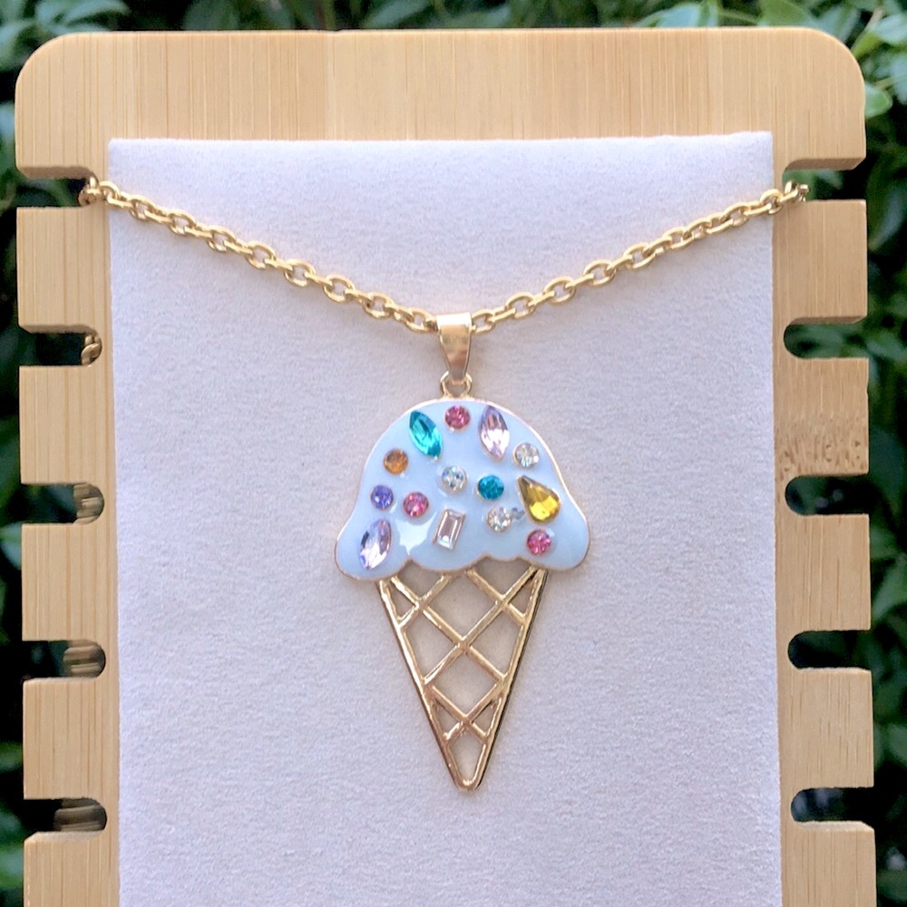 White + Crystal Sprinkles Gold Ice Cream🍦Cone Pendant Drop Necklace - Picture 4 of 8